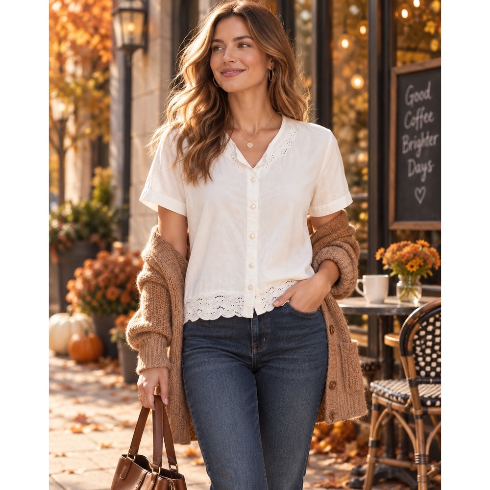 Orvis Women Large Ivory Eyelet Blouse Rayon Button Front Coastal Cottagecore